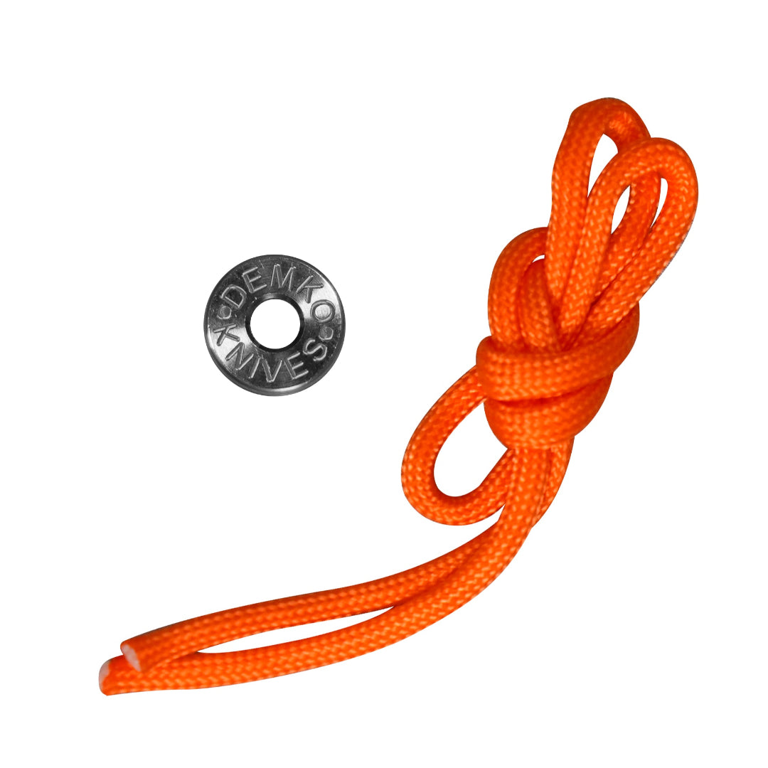A precision-machined demko knives titanium bead with an orange paracord lanyard.