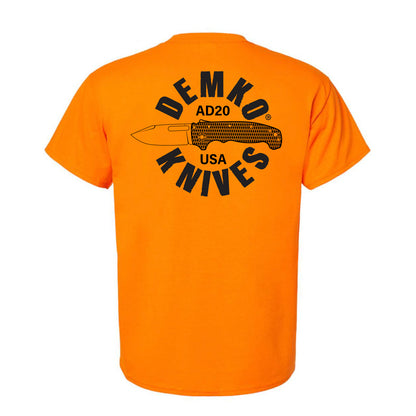 Orange t-shirt with 'Demko Knives USA' logo on a white background.