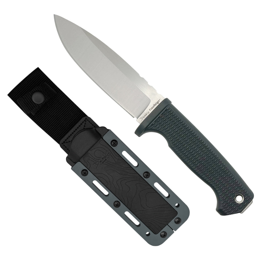 A fixed blade knife with a Drop Point blade shape, featuring a grey rubberized handle and a AUS10A blade and sheath.