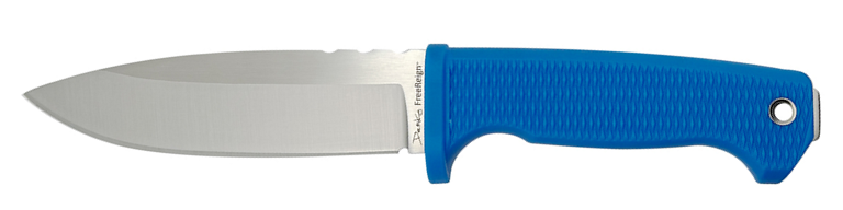 FreeReign drop point fixed blade with a blue handle on a white background.