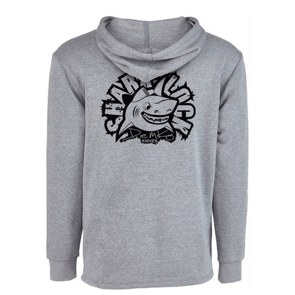 Gray hoodie with shark logo and Demko Knives signature logo on a white background.