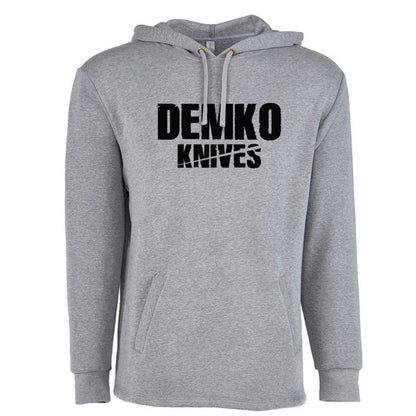 Gray hoodie with 'Demko Knives' text on a white background.