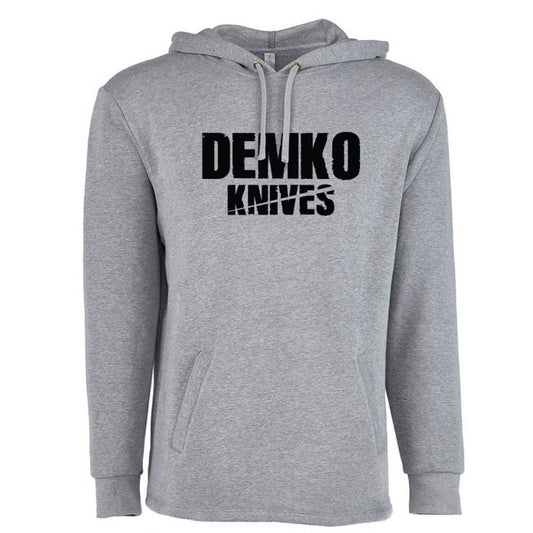 Gray hoodie with 'Demko Knives' text on a white background.