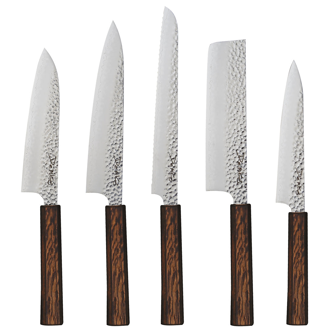 A Japanese San Mai kitchen cutlery set with Red Oak handles.