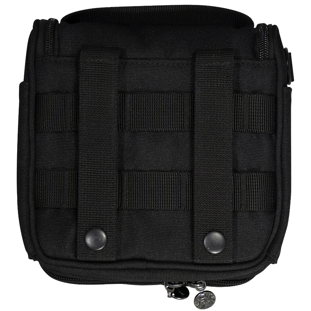 Back of Black tactical pouch which holds multiple knives with molle capabilities.