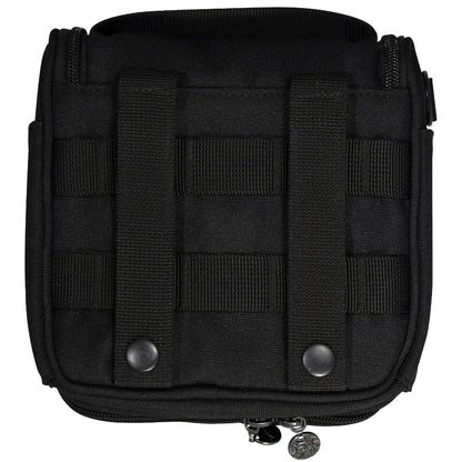 Back of Black tactical pouch which holds multiple knives with molle capabilities.