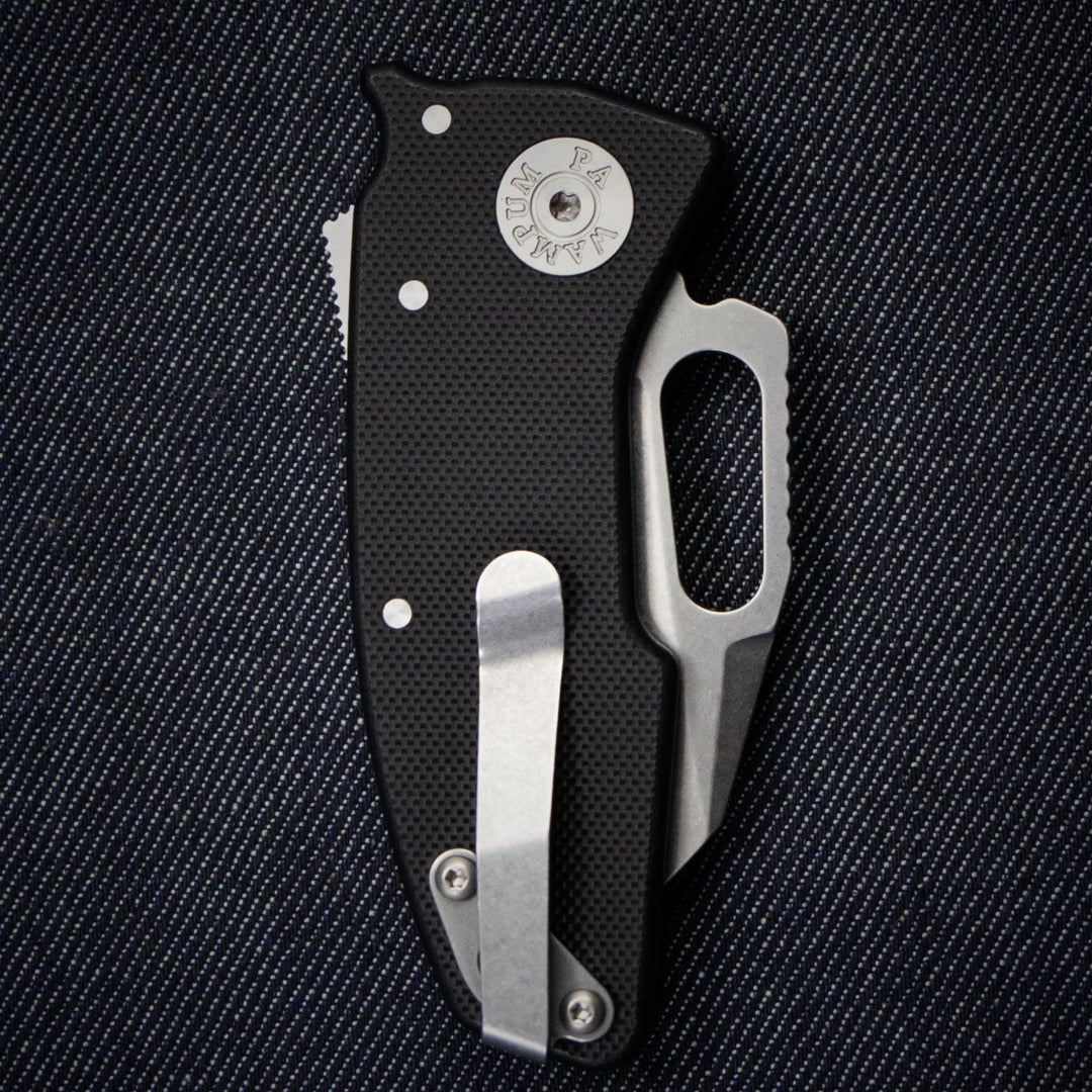 Nano-Shark folding knife, showing the pocket clip, with a 20CV Shark Foot blade.