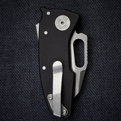 Nano-Shark folding knife, showing the pocket clip, with a 20CV Shark Foot blade.