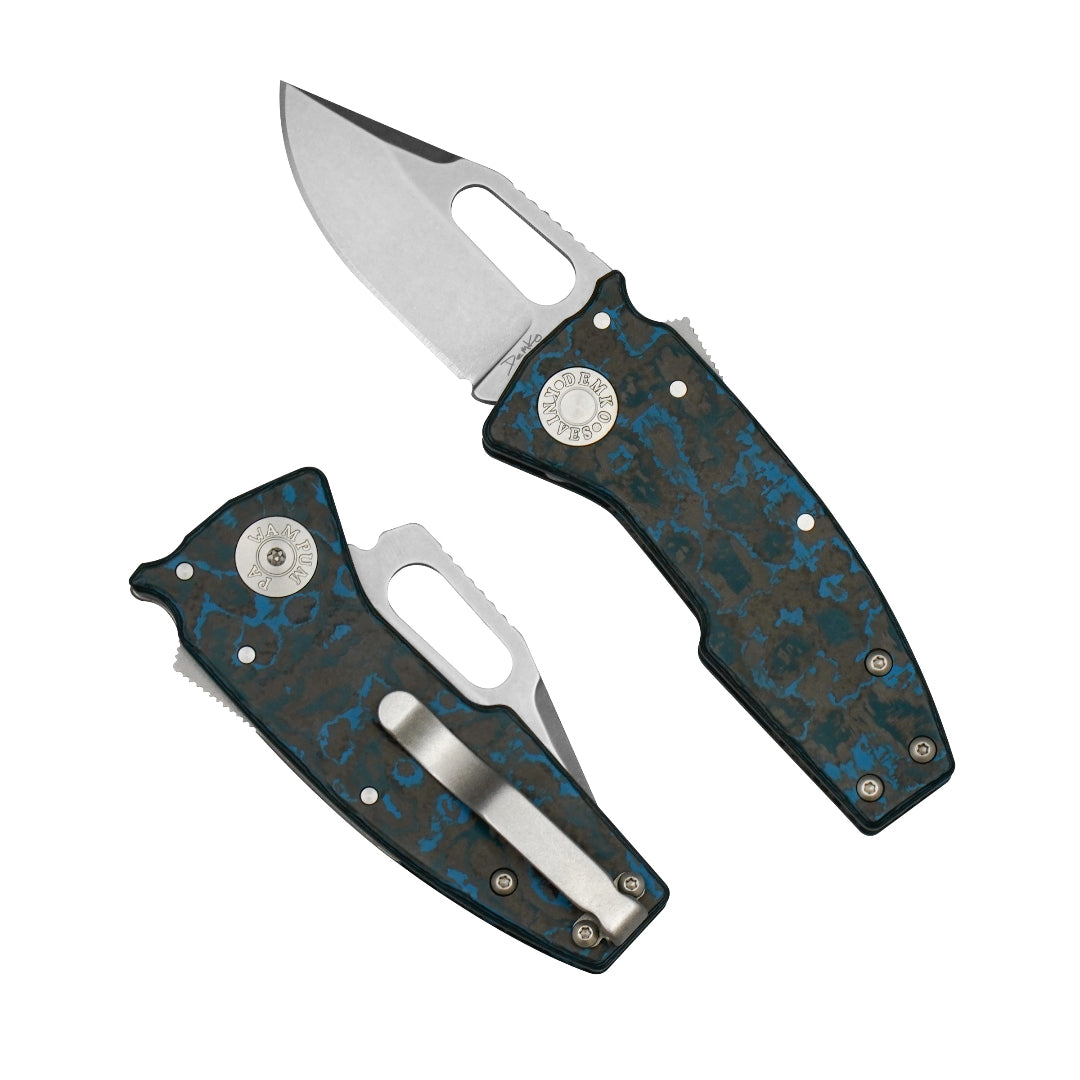 Nano-Shark Arctic Storm fat carbon folding knife with a 20CV clip point blade.