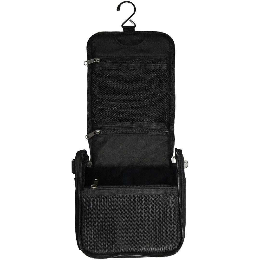 Black travel pouch with hanger, mesh pockets, and zipper pockets.
