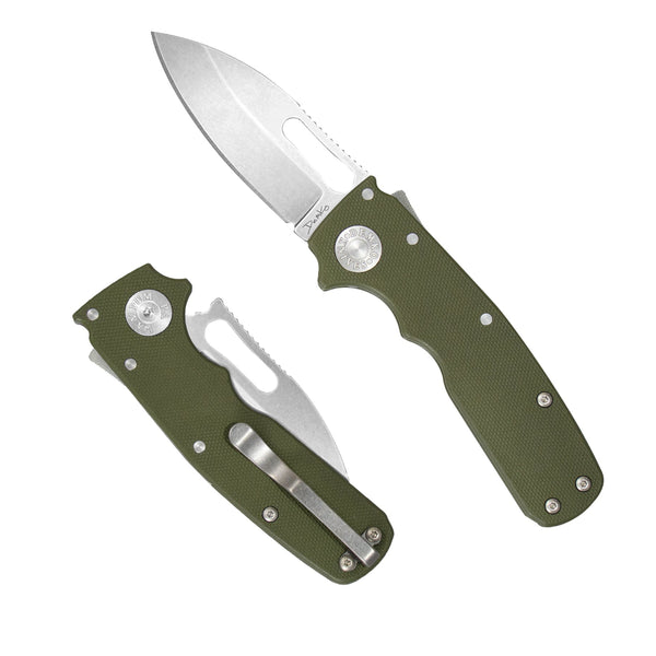 Shark-Cub OD Green G10 folding knife with a CPM20CV slicer shark blade.