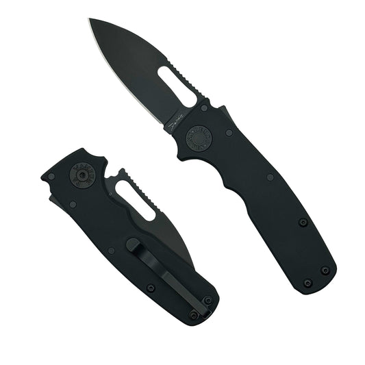 Shark-Cub Stealth Black Anodized Aluminum folding knife with a CPM 20CV DLC slicer shark blade.