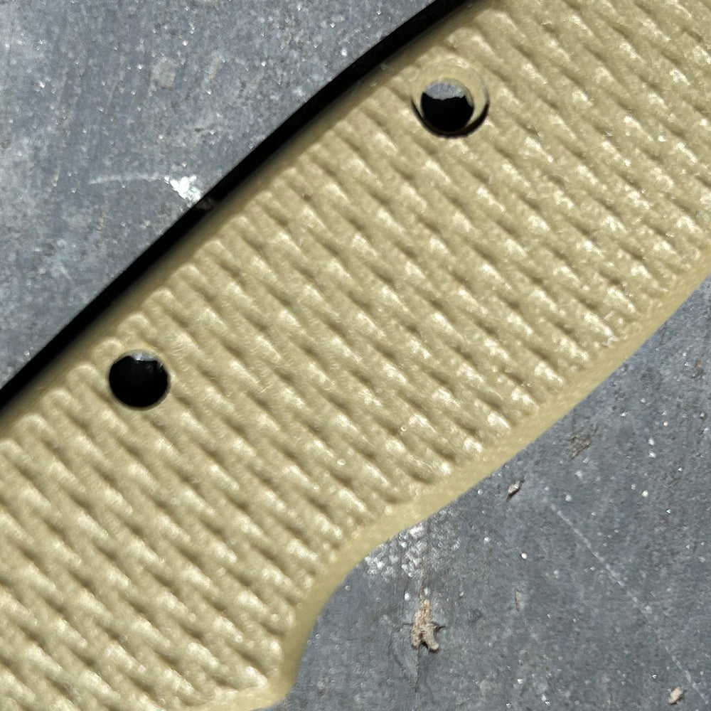Close-up of OD Green milled texture G10 replacement scales for AD20 folding knife.