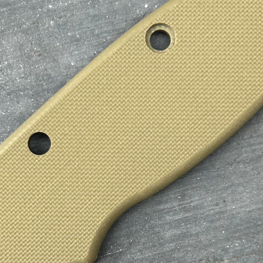 Close-up of OD Green peel ply texture G10 replacement scales for AD20 folding knife.