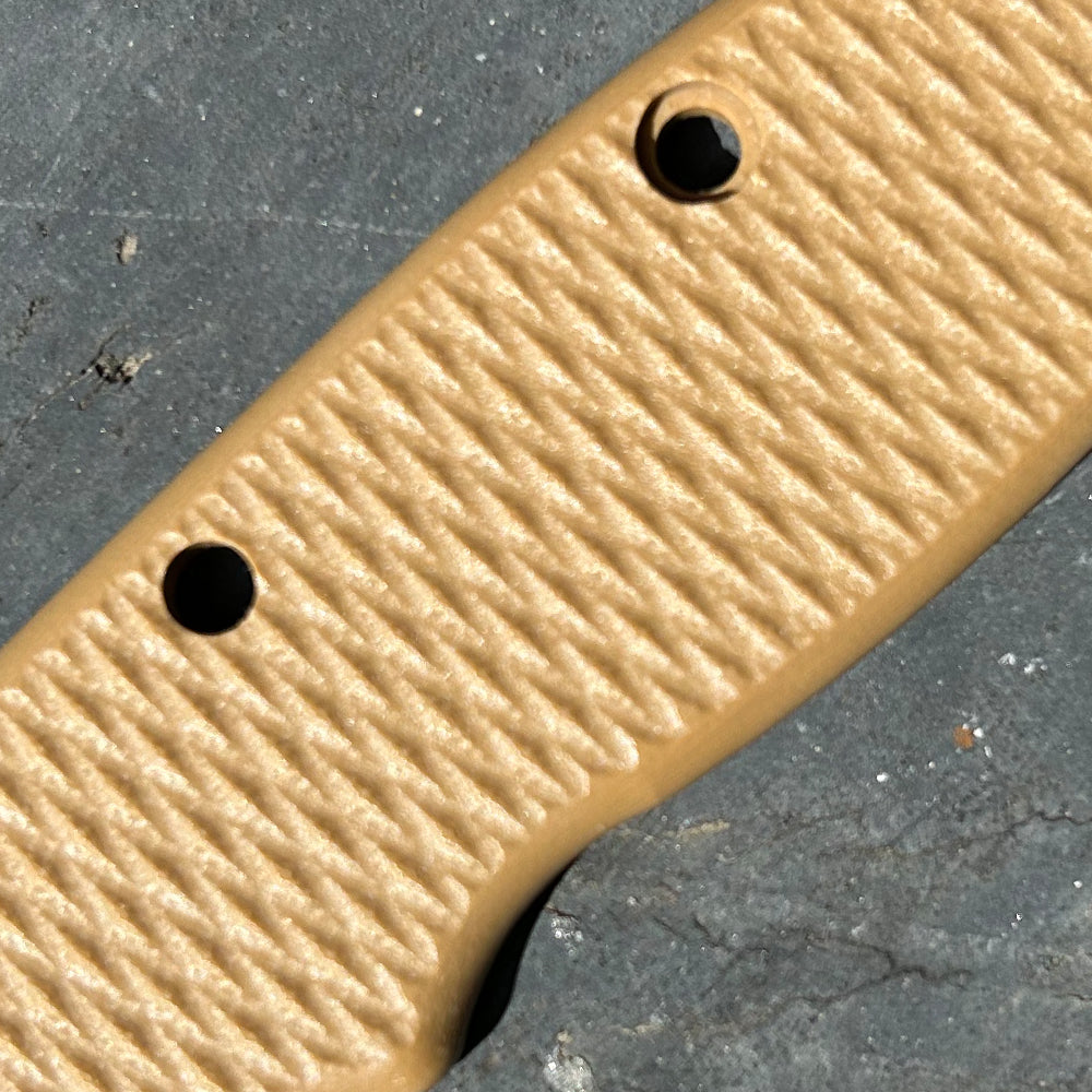 Close-up of brown milled texture G10 replacement scales for AD20 folding knife.