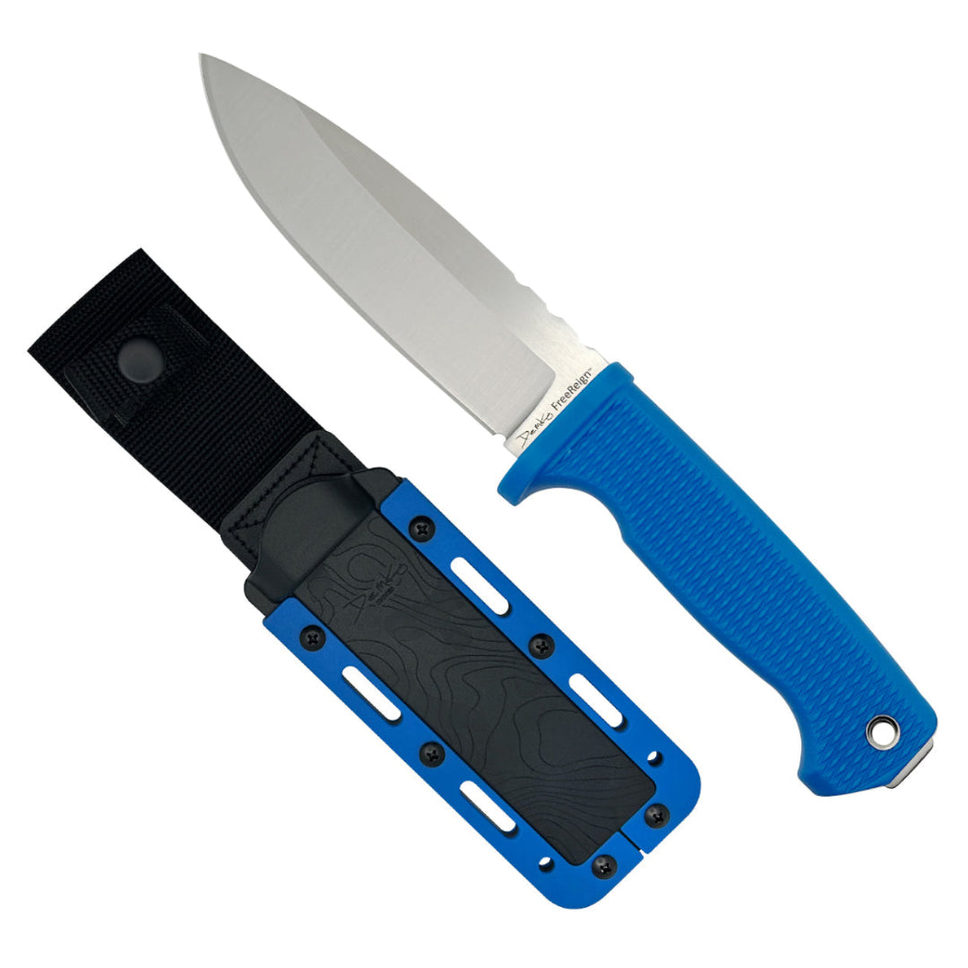A fixed blade knife with a Drop Point blade shape, featuring a blue rubberized handle and a AUS10A blade and sheath.