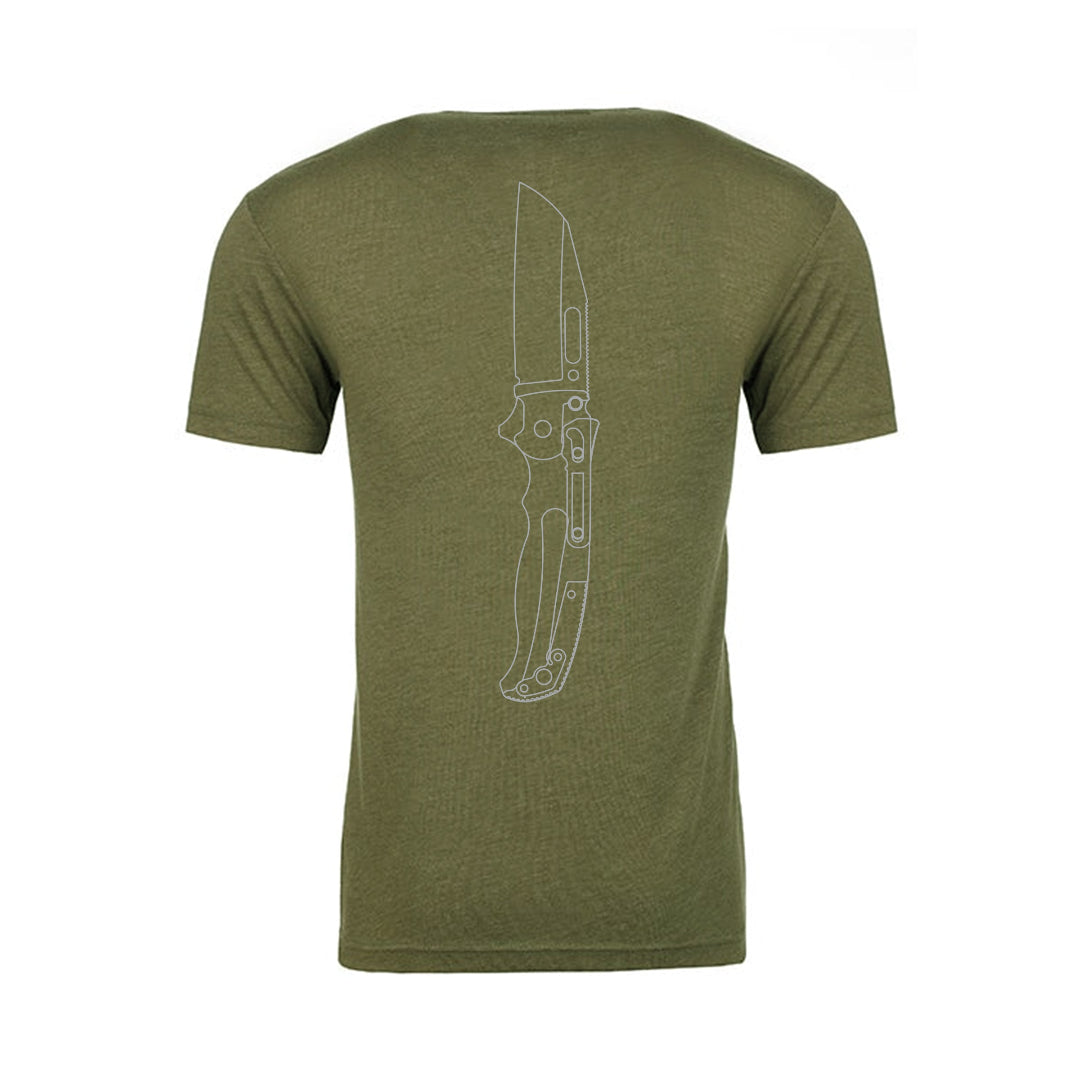 OD Green t-shirt with a grey AD20.5 cad drawing printed on the back.