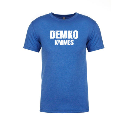 Royal Blue t-shirt with white 'Demko Knives' text printed across the front.