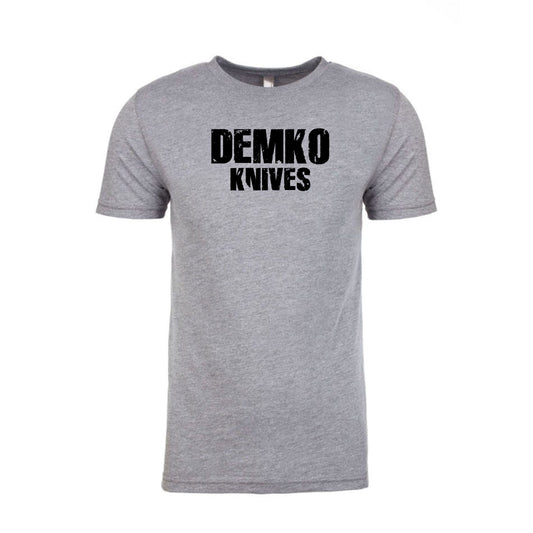 Gray t-shirt with 'Demko Knives' text printed across the front.