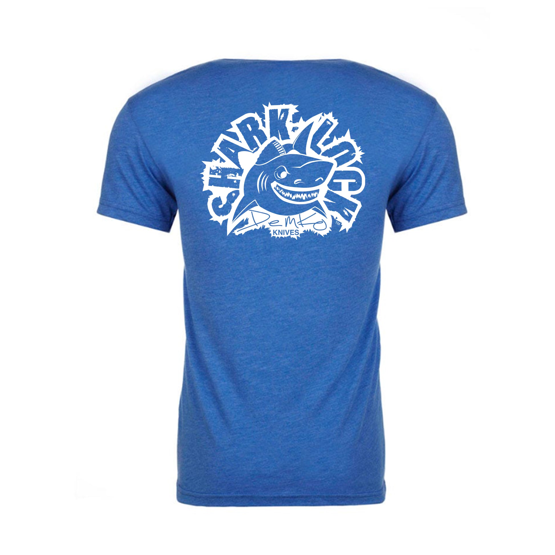 Royal Blue t-shirt with a white Demko shark-lock logo printed across the back.