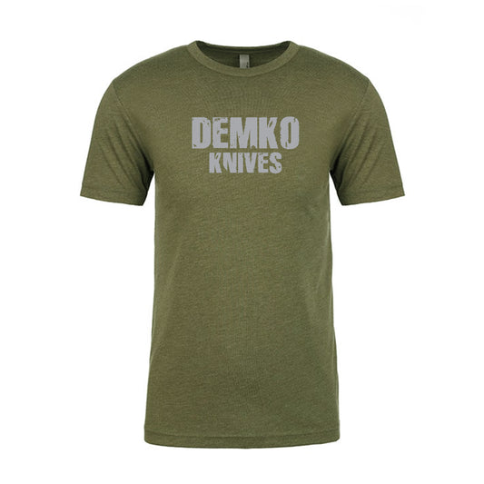 OD Green t-shirt with a grey Demko knives printed across the front.